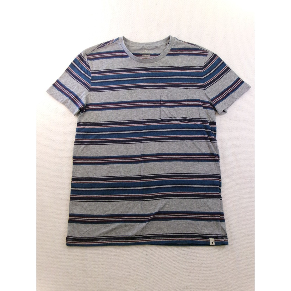 American Eagle Mens Seriously Soft Striped Pocket T-Shirt Grey Blue Medium